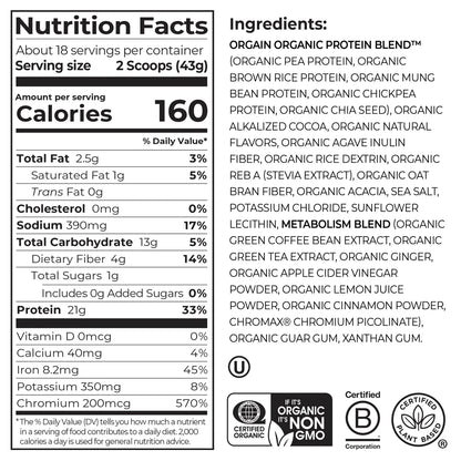 Organic Protein Powder + Metabolism Blend Creamy Chocolate Fudge